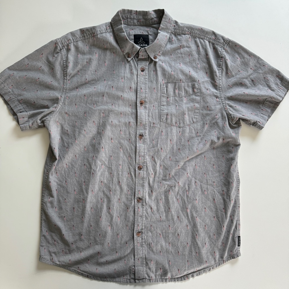 Prana Button Up Grey Blue Short Sleeve Shirt Outdoor Camp - XL
